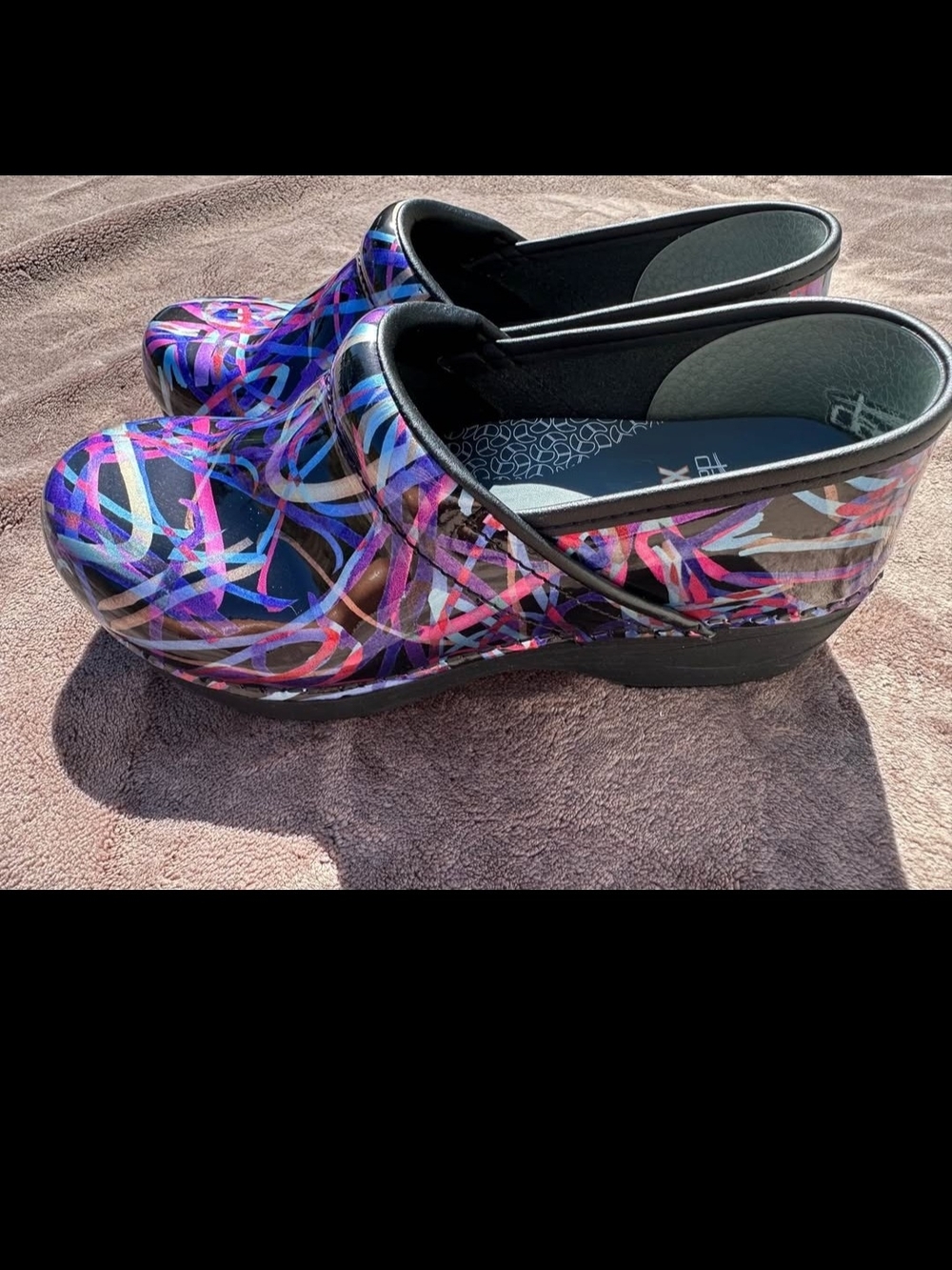 Dansko Black Clogs with Pink Purple Blue Swirl Pattern - Picture 2 of 4